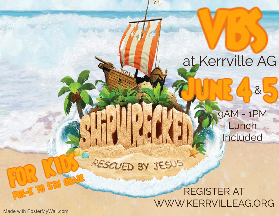 Shipwrecked VBS;rescued by Jesus. June 4th and 5th, Kids Pre-K to 5th Grade